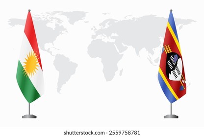 Kurdistan and Kingdom of eSwatini - Swaziland flags for official meeting against background of world map.