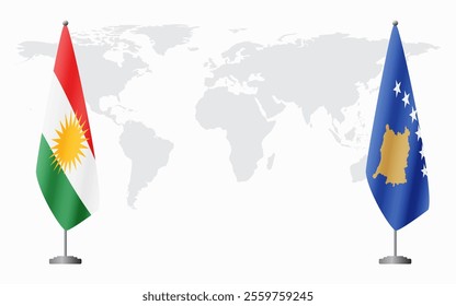 Kurdistan and Kosovo flags for official meeting against background of world map.