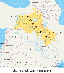 Kurdistán, Kurdo aterriza en el mapa político. Región cultural donde el pueblo kurdo forma una destacada mayoría. El Gran Kurdistán incluye partes de Turquía, Siria, Irak, Irán y Armenia. Etiquetado en inglés.