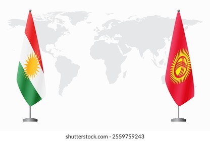 Kurdistan and Kyrgyzstan flags for official meeting against background of world map.