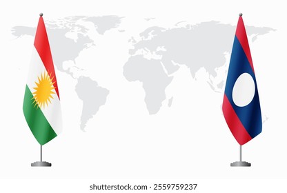 Kurdistan and Laos flags for official meeting against background of world map.