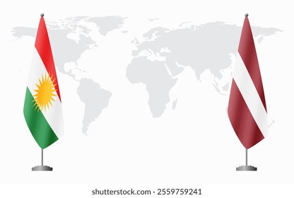 Kurdistan and Latvia flags for official meeting against background of world map.