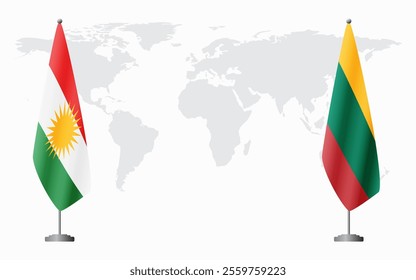 Kurdistan and Lithuania flags for official meeting against background of world map.