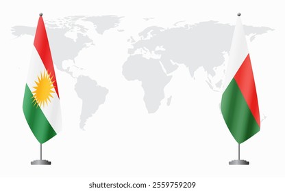 Kurdistan and Madagascar flags for official meeting against background of world map.