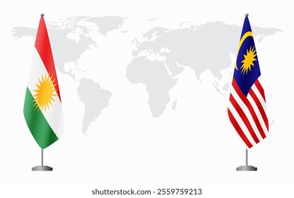 Kurdistan and Malaysia flags for official meeting against background of world map.