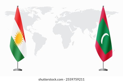 Kurdistan and Maldives flags for official meeting against background of world map.