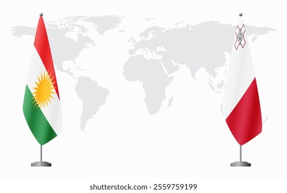 Kurdistan and Malta flags for official meeting against background of world map.