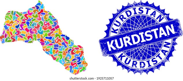 Kurdistan map vector image. Splash mosaic map and unclean mark for Kurdistan. Sharp rosette blue mark with tag for Kurdistan map. Mosaic vector Kurdistan map composed with scattered colored spots.