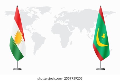 Kurdistan and Mauritania flags for official meeting against background of world map.