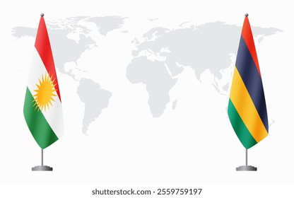 Kurdistan and Mauritius flags for official meeting against background of world map.