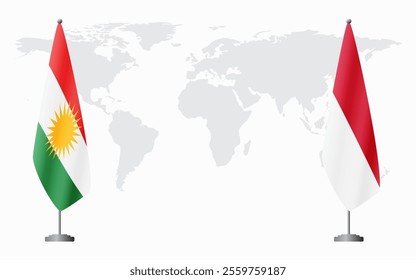 Kurdistan and Monaco flags for official meeting against background of world map.