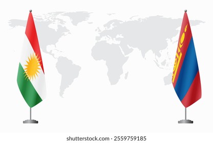 Kurdistan and Mongolia flags for official meeting against background of world map.