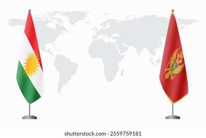 Kurdistan and Montenegro flags for official meeting against background of world map.