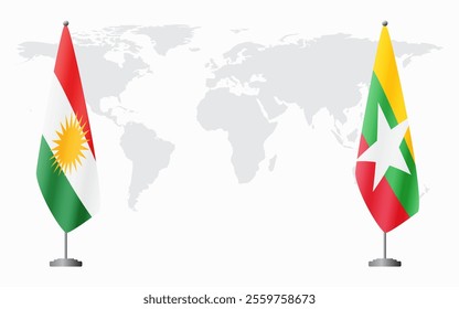 Kurdistan and Myanmar flags for official meeting against background of world map.