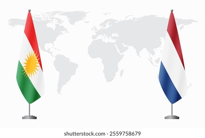 Kurdistan and Netherlands flags for official meeting against background of world map.