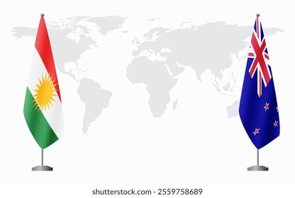 Kurdistan and New Zealand flags for official meeting against background of world map.