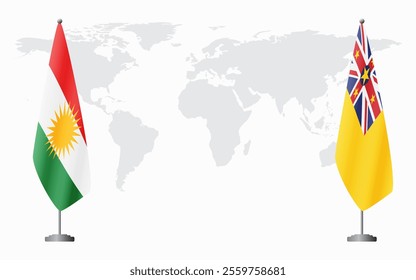 Kurdistan and Niue flags for official meeting against background of world map.