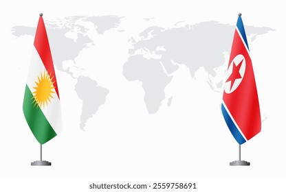 Kurdistan and North Korea flags for official meeting against background of world map.