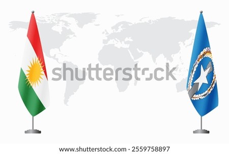 Kurdistan and Northern Mariana Islands flags for official meeting against background of world map.