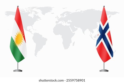 Kurdistan and Norway flags for official meeting against background of world map.