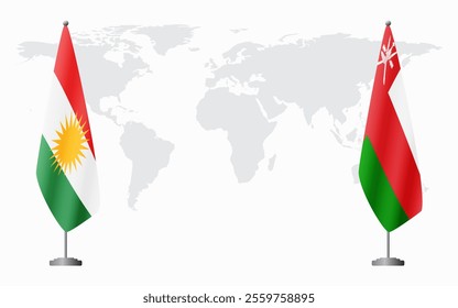 Kurdistan and Oman flags for official meeting against background of world map.