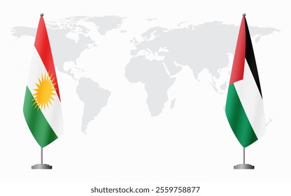 Kurdistan and Palestine flags for official meeting against background of world map.