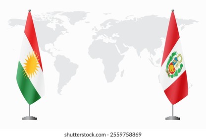 Kurdistan and Peru flags for official meeting against background of world map.