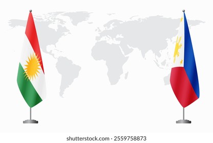 Kurdistan and Philippines flags for official meeting against background of world map.