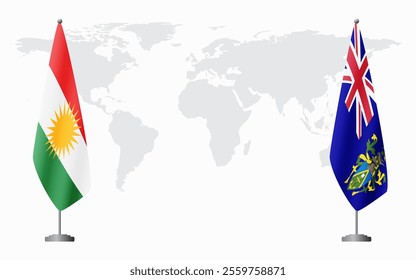 Kurdistan and Pitcairn Islands flags for official meeting against background of world map.