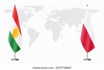 Kurdistan and Poland flags for official meeting against background of world map.