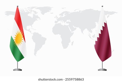 Kurdistan and Qatar flags for official meeting against background of world map.