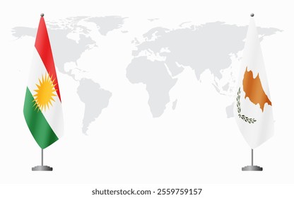 Kurdistan and Republic of Cyprus flags for official meeting against background of world map.