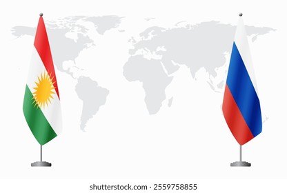 Kurdistan and Russia flags for official meeting against background of world map.