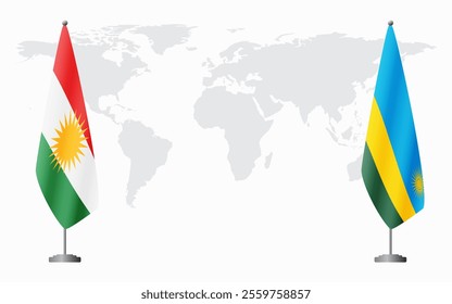 Kurdistan and Rwanda flags for official meeting against background of world map.