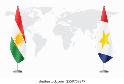 Kurdistan and Saba flags for official meeting against background of world map.