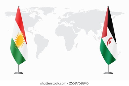 Kurdistan and Sahrawi Arab Democratic Republic flags for official meeting against background of world map.