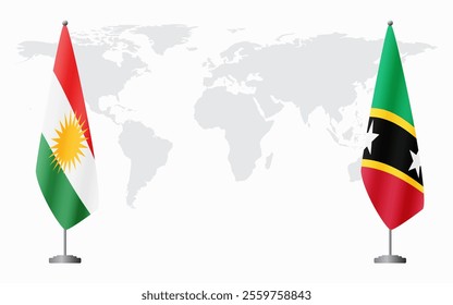 Kurdistan and Saint Kitts and Nevis flags for official meeting against background of world map.