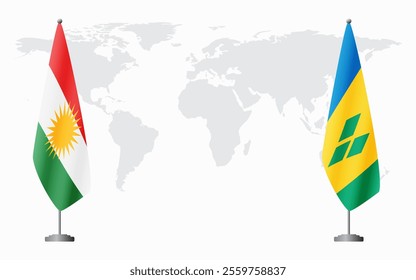 Kurdistan and Saint Vincent and the Grenadines flags for official meeting against background of world map.