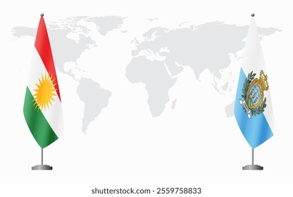 Kurdistan and San Marino flags for official meeting against background of world map.