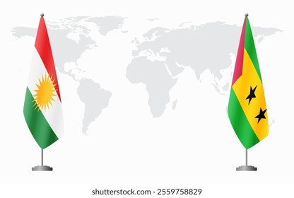 Kurdistan and Sao Tome and Principe flags for official meeting against background of world map.