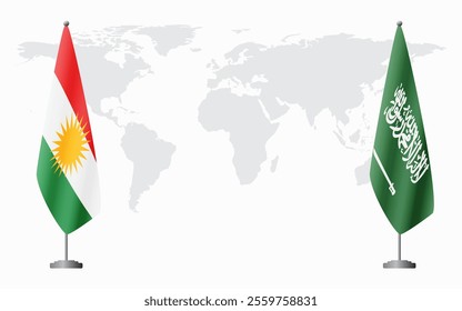 Kurdistan and Saudi Arabia flags for official meeting against background of world map.