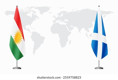 Kurdistan and Scotland flags for official meeting against background of world map.