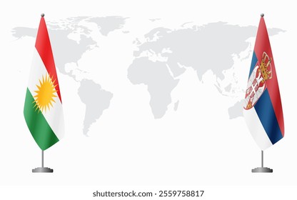 Kurdistan and Serbia flags for official meeting against background of world map.