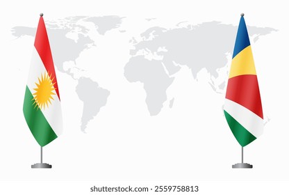 Kurdistan and Seychelles flags for official meeting against background of world map.