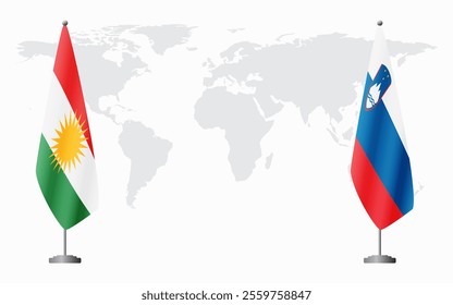 Kurdistan and Slovenia flags for official meeting against background of world map.