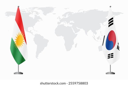 Kurdistan and South Korea flags for official meeting against background of world map.