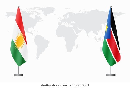 Kurdistan and South Sudan flags for official meeting against background of world map.