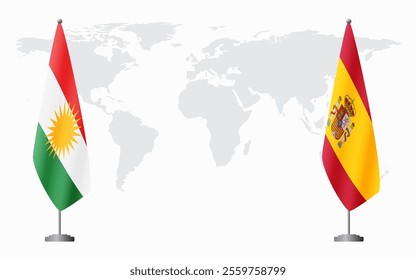 Kurdistan and Spain flags for official meeting against background of world map.