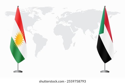 Kurdistan and Sudan flags for official meeting against background of world map.