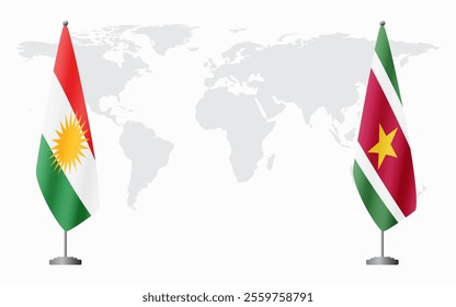 Kurdistan and Suriname flags for official meeting against background of world map.